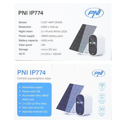 Camera supraveghere video PNI IP774 4MP, panou solar 3W, acumulator 4000mAh incorporat, detectie miscare, slot card micro SD, vizibilitate nocturna, audio bidirectional