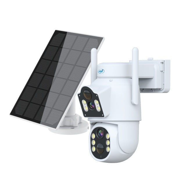 Camera supraveghere video PNI IP792 dual lens 2MP + 2MP, panou solar 3W, acumulator 6000mAh incorporat, detectie miscare, slot card micro SD, vizibilitate nocturna, audio bidirectional, IP65