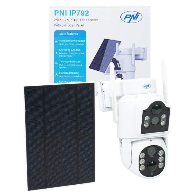 Camera supraveghere video PNI IP792 dual lens 2MP + 2MP, panou solar 3W, acumulator 6000mAh incorporat, detectie miscare, slot card micro SD, vizibilitate nocturna, audio bidirectional, IP65