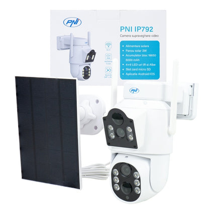 Camera supraveghere video PNI IP792 dual lens 2MP + 2MP, panou solar 3W, acumulator 6000mAh incorporat, detectie miscare, slot card micro SD, vizibilitate nocturna, audio bidirectional, IP65