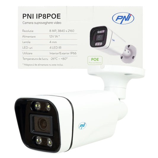 Camera supraveghere video PNI IP8POE, 8MP, 4K, D-WDR, 4.0mm, 6 LED-uri, IP66, alb