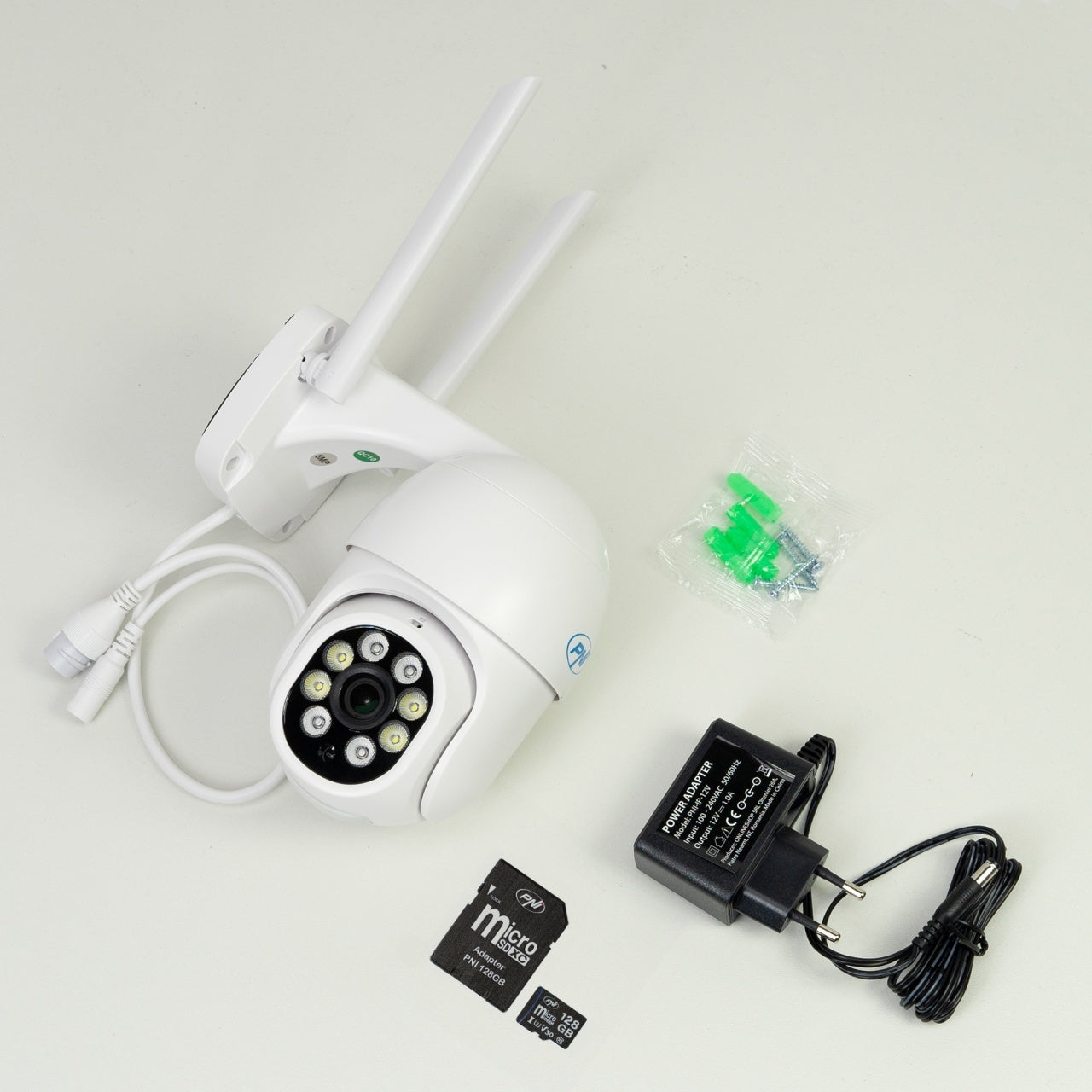 Camera supraveghere video wireless PNI IP840 + card PNI 128GB WiFi, PTZ, 8MP 4K, slot micro SD, stand-alone, functii AI, ONVIF, ICSee app