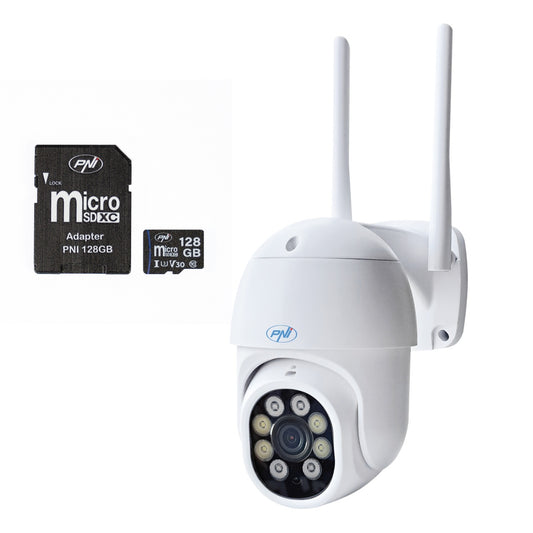 Camera supraveghere video wireless PNI IP840 + card PNI 128GB WiFi, PTZ, 8MP 4K, slot micro SD, stand-alone, functii AI, ONVIF, ICSee app