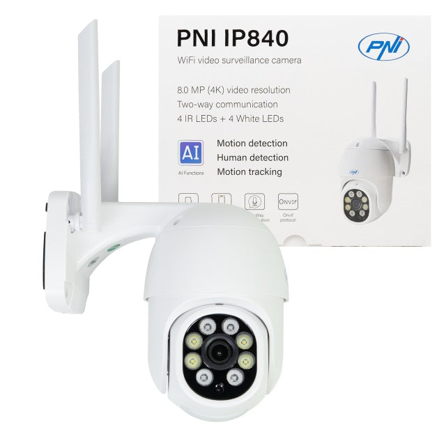 Camera supraveghere video wireless PNI IP840, WiFi, PTZ, 8MP 4K, slot micro SD, stand-alone, functii AI, ONVIF, ICSee app