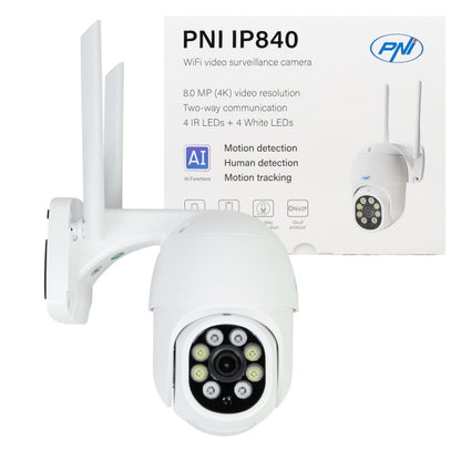 Camera supraveghere video wireless PNI IP840, WiFi, PTZ, 8MP 4K, slot micro SD, stand-alone, functii AI, ONVIF, ICSee app