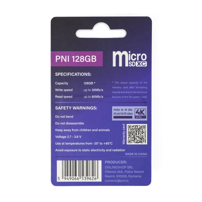 Card de memorie MicroSD PNI 128GB cu adaptor SD, Clasa 10, 80 Mb/s, V30