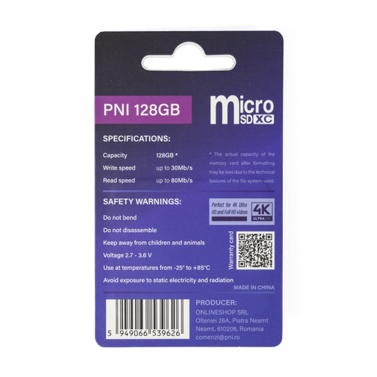 Card de memorie MicroSD PNI 128GB cu adaptor SD, Clasa 10, 80 Mb/s, V30