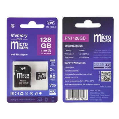Card de memorie MicroSD PNI 128GB cu adaptor SD, Clasa 10, 80 Mb/s, V30