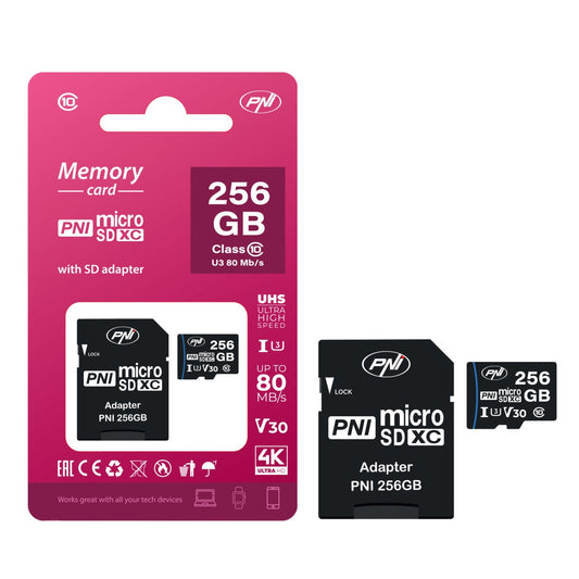 Card de memorie MicroSD PNI 256GB cu adaptor SD Clasa 10, 80 Mb/s, V30