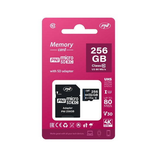 Card de memorie MicroSD PNI 256GB cu adaptor SD Clasa 10, 80 Mb/s, V30