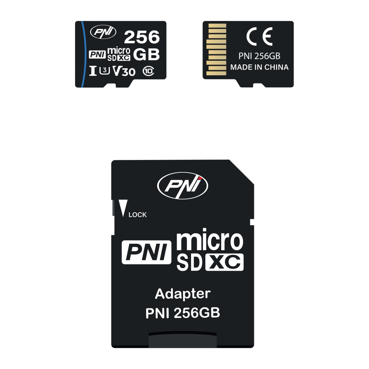 Card de memorie MicroSD PNI 256GB cu adaptor SD Clasa 10, 80 Mb/s, V30