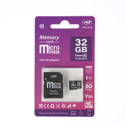 Card de memorie MicroSD PNI 32GB cu adaptor SD, Clasa 10, 80 Mb/s, V30
