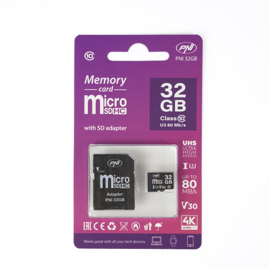 Card de memorie MicroSD PNI 32GB cu adaptor SD, Clasa 10, 80 Mb/s, V30
