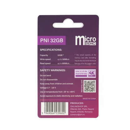 Card de memorie MicroSD PNI 32GB cu adaptor SD, Clasa 10, 80 Mb/s, V30