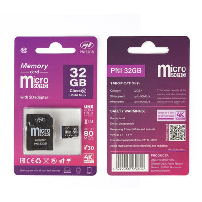 Card de memorie MicroSD PNI 32GB cu adaptor SD, Clasa 10, 80 Mb/s, V30