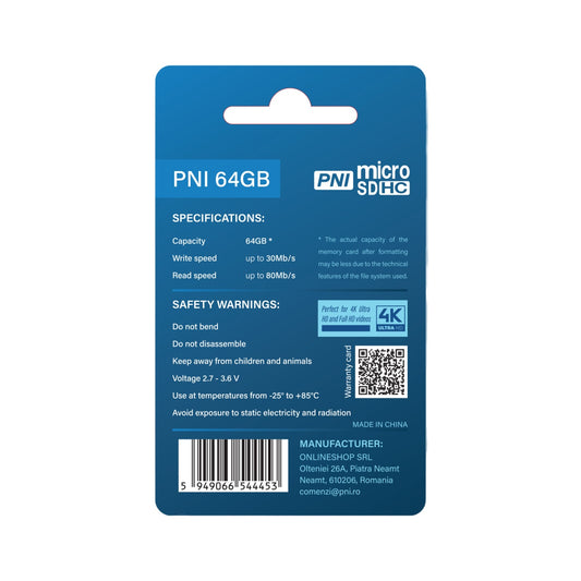 Card de memorie MicroSD PNI 64GB cu adaptor SD Clasa 10, 80 Mb/s, V30