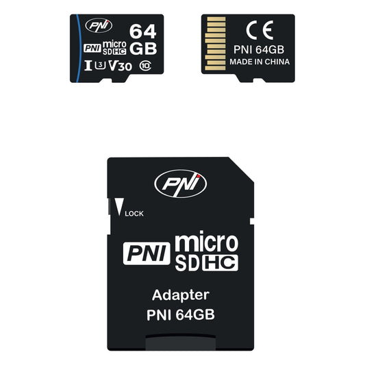Card de memorie MicroSD PNI 64GB cu adaptor SD Clasa 10, 80 Mb/s, V30