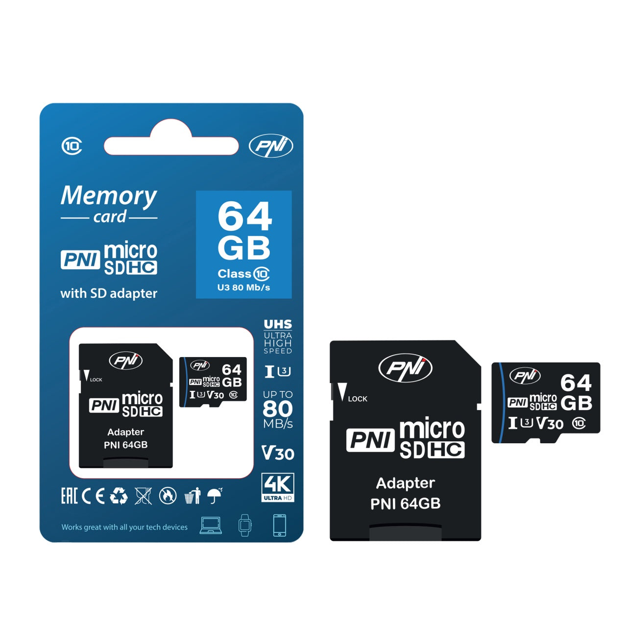 Card de memorie MicroSD PNI 64GB cu adaptor SD Clasa 10, 80 Mb/s, V30
