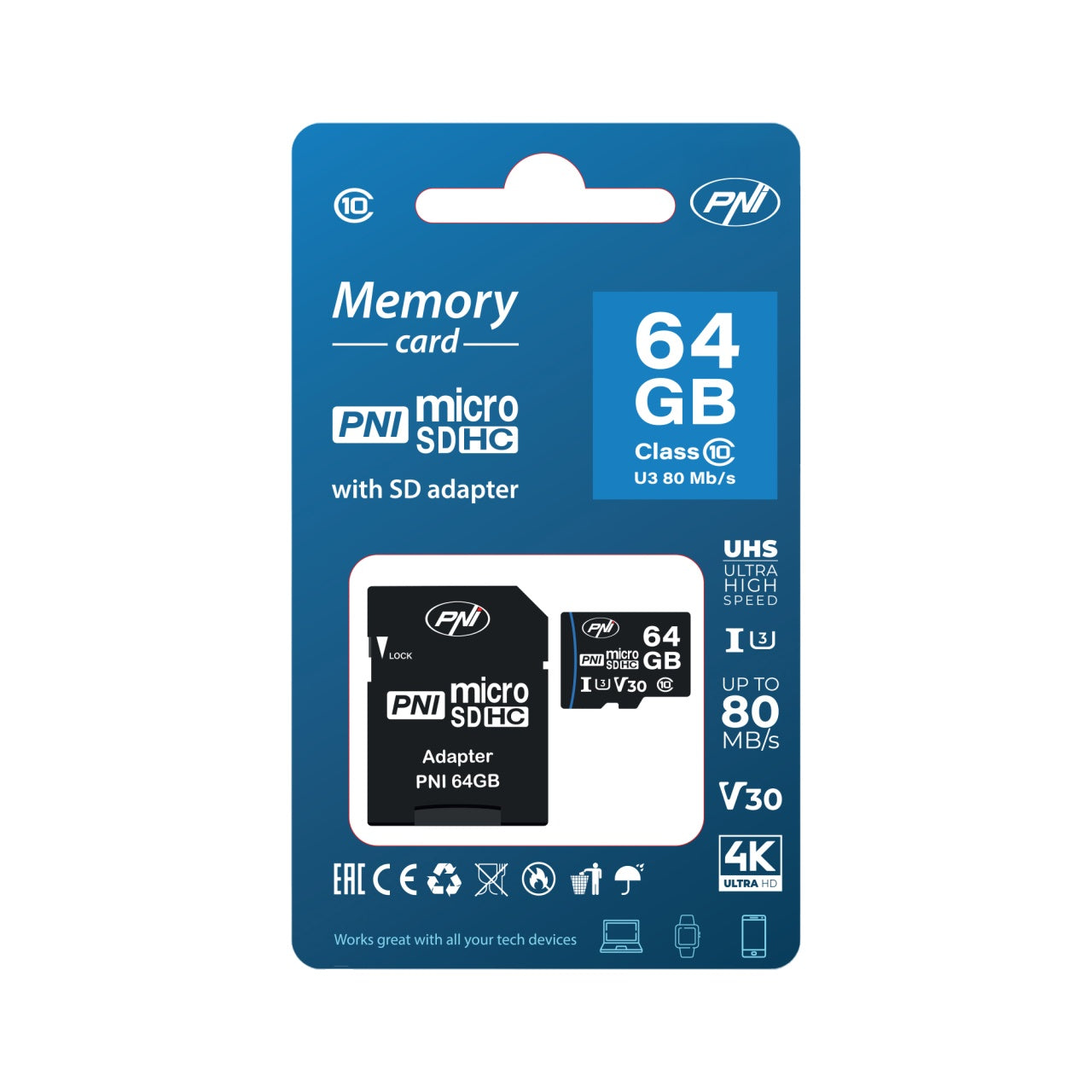 Card de memorie MicroSD PNI 64GB cu adaptor SD Clasa 10, 80 Mb/s, V30