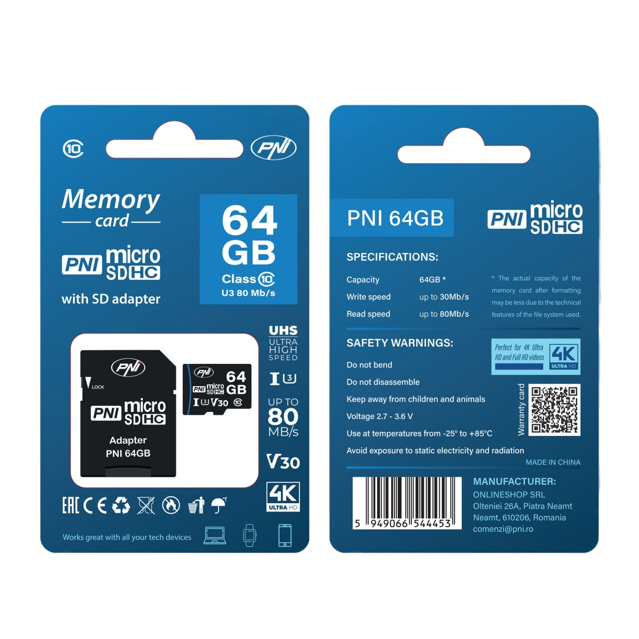 Card de memorie MicroSD PNI 64GB cu adaptor SD Clasa 10, 80 Mb/s, V30