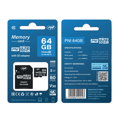 Card de memorie MicroSD PNI 64GB cu adaptor SD Clasa 10, 80 Mb/s, V30