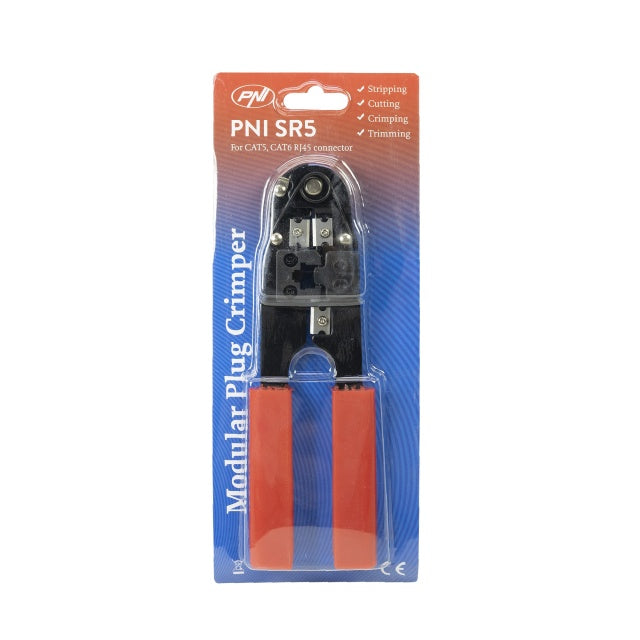 Cleste PNI SR5, pentru taiat, dezizolat cablu si sertizat mufe RJ45 CAT5, CAT6, rosu