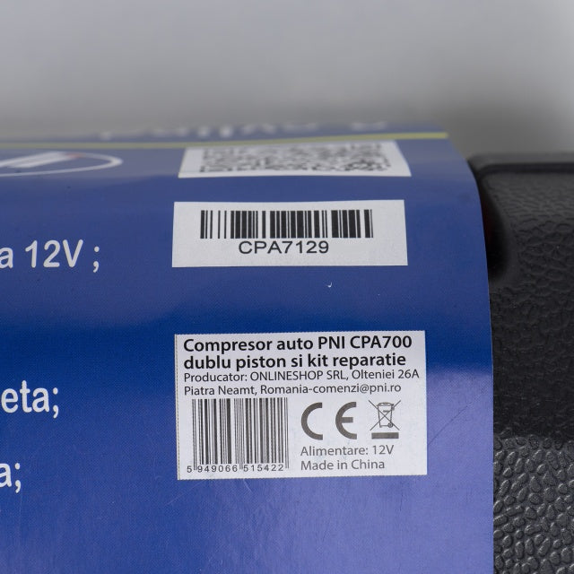 Compresor auto PNI CPA700 dublu piston si kit reparatie anvelope, 12V, 25A