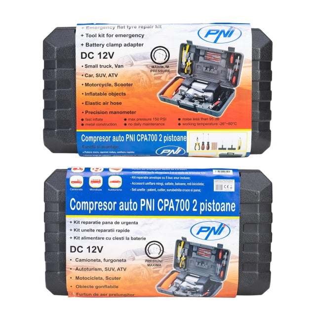Compresor auto PNI CPA700 dublu piston si kit reparatie anvelope, 12V, 25A