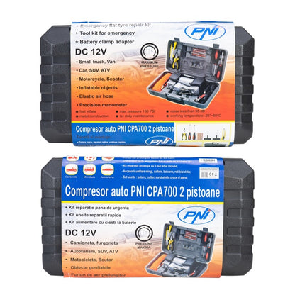 Compresor auto PNI CPA700 dublu piston si kit reparatie anvelope, 12V, 25A