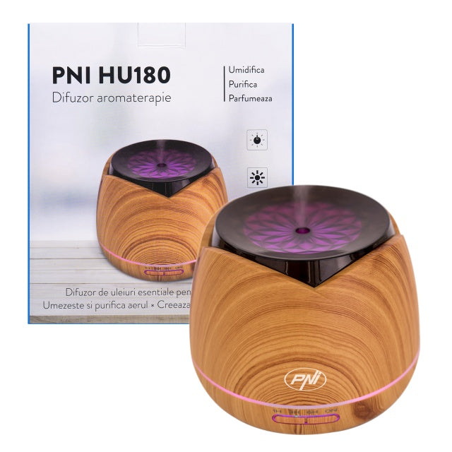 Difuzor aromaterapie PNI HU180 pentru uleiuri esentiale, cu ultrasunete, 400 ml, timer, 7 culori LED, inchidere automata, Wood Grain