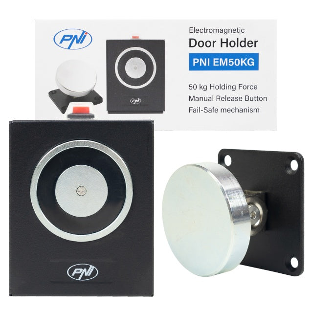 Electromagnet de retinere usa deschisa PNI EM50KG, Fail Safe, prindere pe perete, forta de deschidere 50Kg, 12/24V, negru