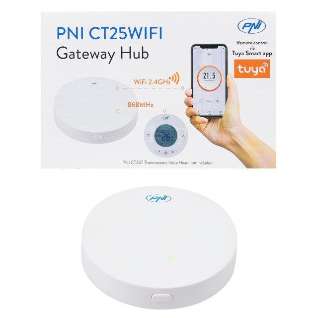 Hub Internet PNI CT25WIFI pentru Cap termostatic PNI CT25T, pentru control temperatura calorifere din aplicatie mobil Tuya Smart, integrare in scenarii si automatizari smart cu alte produse compatibil