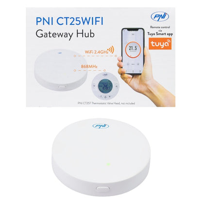 Hub Internet PNI CT25WIFI pentru Cap termostatic PNI CT25T, pentru control temperatura calorifere din aplicatie mobil Tuya Smart, integrare in scenarii si automatizari smart cu alte produse compatibil