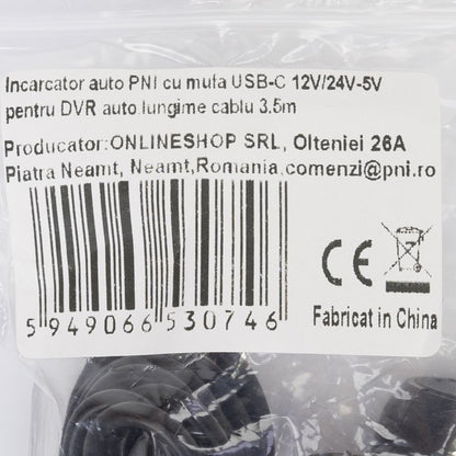 Incarcator auto PNI cu mufa USB-C 12V/24V - 5V, pentru DVR auto, lungime cablu 3.5m