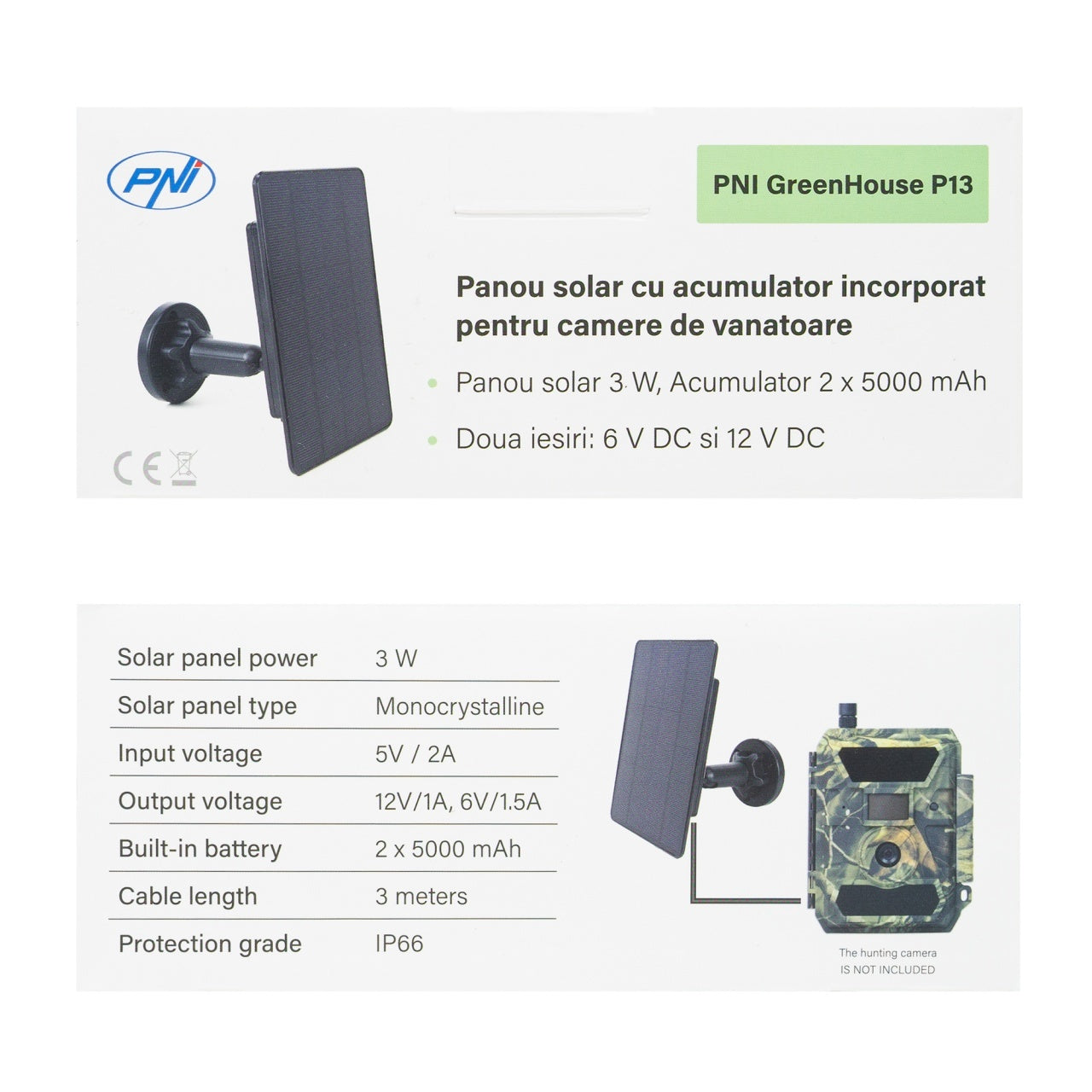 Incarcator solar PNI GreenHouse P13 iesire 6V si 12V, 3W, acumulator Li-Ion 5200 mAh, IP66 pentru camere de vanatoare