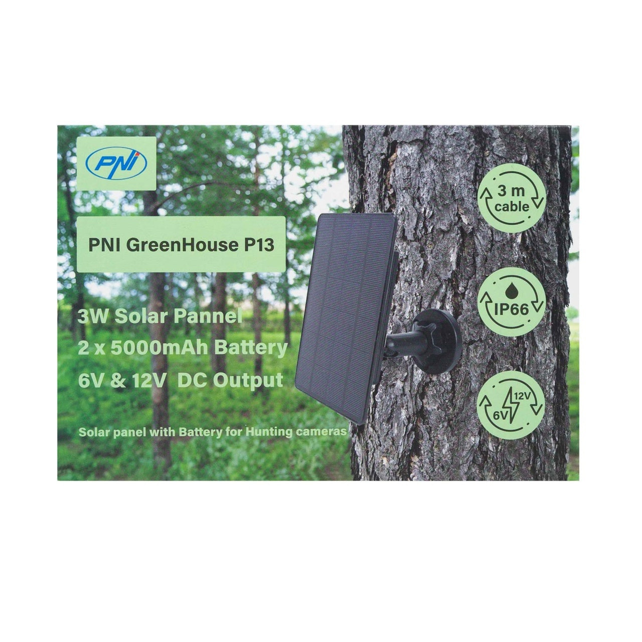 Incarcator solar PNI GreenHouse P13 iesire 6V si 12V, 3W, acumulator Li-Ion 5200 mAh, IP66 pentru camere de vanatoare