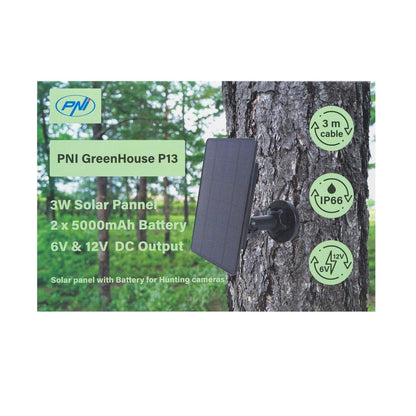 Incarcator solar PNI GreenHouse P13 iesire 6V si 12V, 3W, acumulator Li-Ion 5200 mAh, IP66 pentru camere de vanatoare