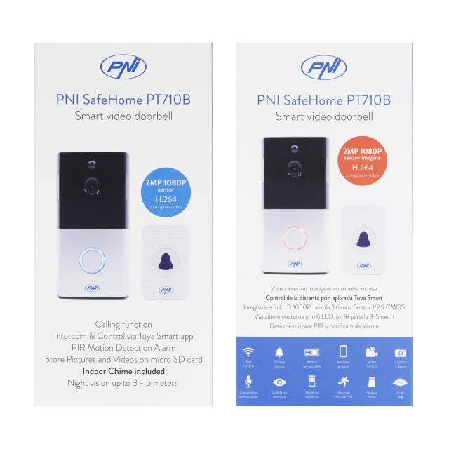 Interfon video inteligent PNI SafeHome PT710B WiFi HD, P2P, acumulator si Sonerie 36 melodii inclusa, aplicatie dedicata Tuya Smart, integrare in scenarii si automatizari smart cu alte produse compat