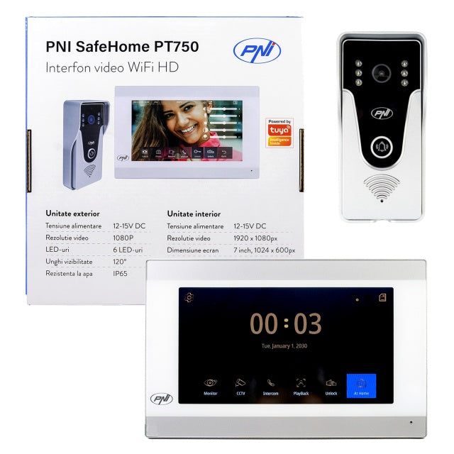 Interfon video inteligent PNI SafeHome PT750 WiFi HD, P2P, monitor interior, aplicatie dedicata Tuya Smart, integrare in scenarii si automatizari smart cu alte produse compatibile Tuya