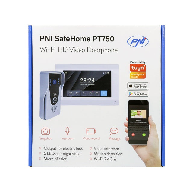Interfon video inteligent PNI SafeHome PT750 WiFi HD, P2P, monitor interior, aplicatie dedicata Tuya Smart, integrare in scenarii si automatizari smart cu alte produse compatibile Tuya