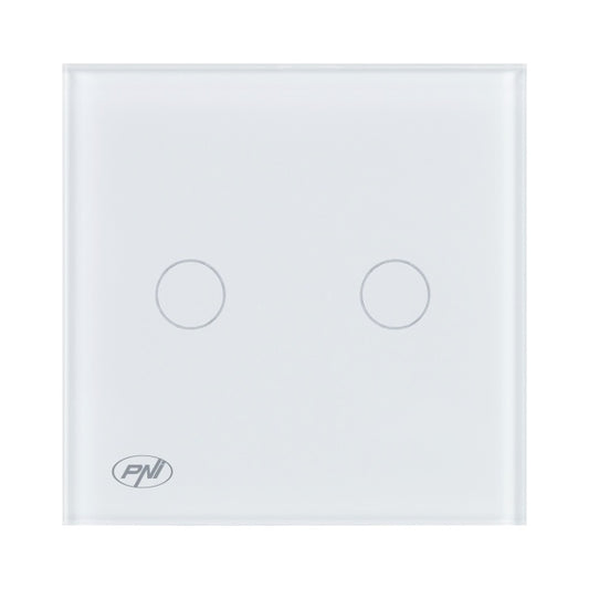 Intrerupator cap scara si cap cruce dublu cu touch PNI CS202W din sticla, alb cu LED indicator, 800W / intrerupator