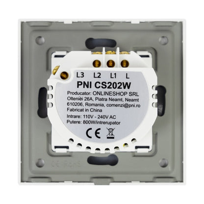Intrerupator cap scara si cap cruce dublu cu touch PNI CS202W din sticla, alb cu LED indicator, 800W / intrerupator