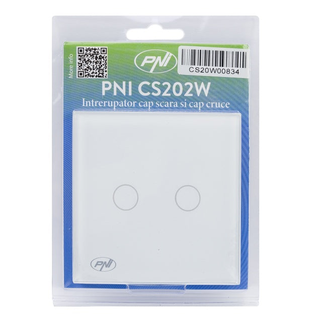 Intrerupator cap scara si cap cruce dublu cu touch PNI CS202W din sticla, alb cu LED indicator, 800W / intrerupator