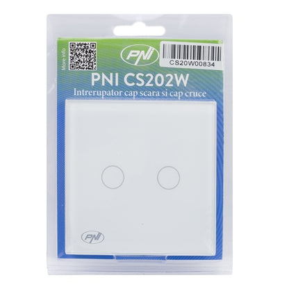 Intrerupator cap scara si cap cruce dublu cu touch PNI CS202W din sticla, alb cu LED indicator, 800W / intrerupator