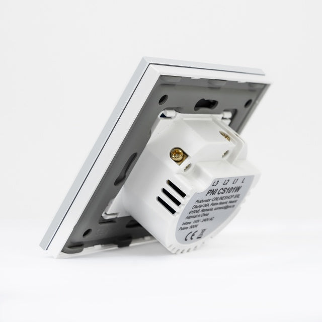Intrerupator cap scara si cap cruce simplu cu touch PNI CS101W din sticla, alb cu LED indicator, 800W