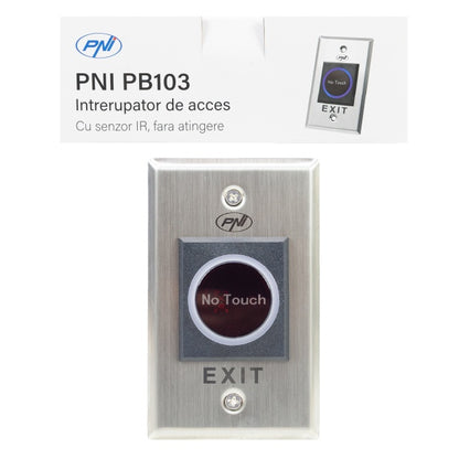 Intrerupator de acces incastrabil PNI PB103, fara atingere, NO/NC/COM, 12V/24V DC, LED stare, metalic, 5 fire