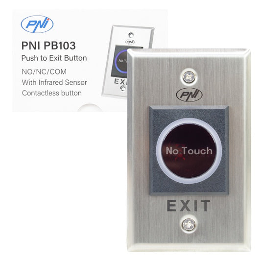 Intrerupator de acces incastrabil PNI PB103, fara atingere, NO/NC/COM, 12V/24V DC, LED stare, metalic, 5 fire