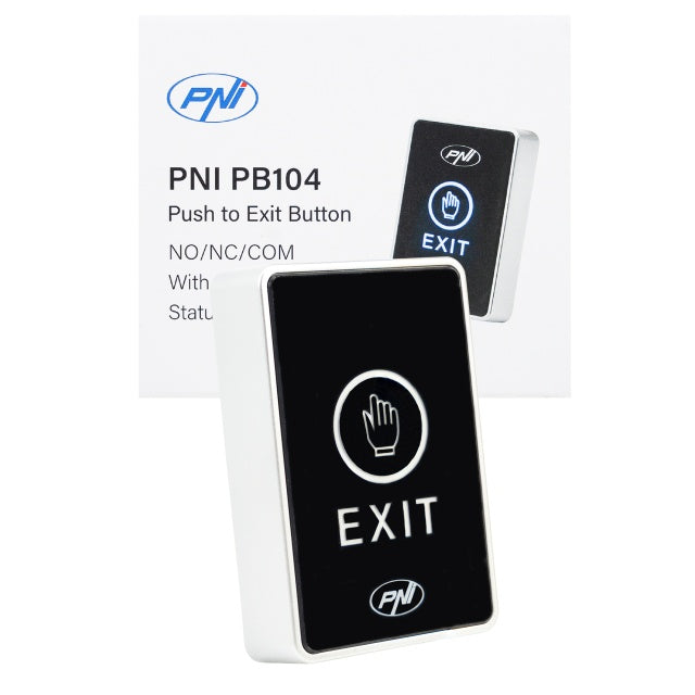 Intrerupator de acces PNI PB104, cu touch, montaj aplicat, NO/NC/COM, 12V/24V DC, LED stare, metalic, 5 fire