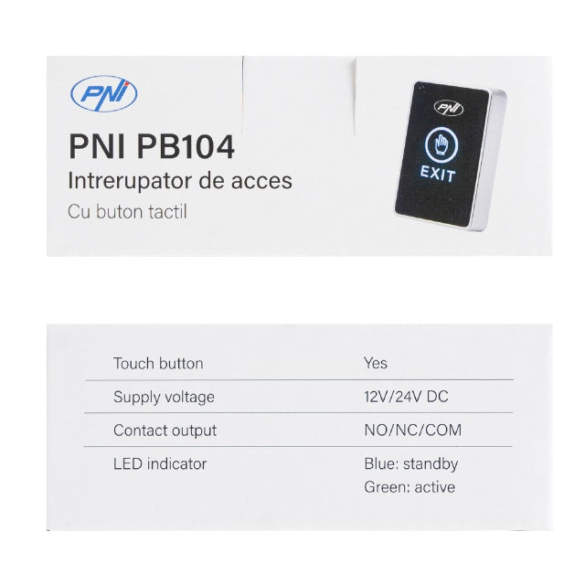 Intrerupator de acces PNI PB104, cu touch, montaj aplicat, NO/NC/COM, 12V/24V DC, LED stare, metalic, 5 fire
