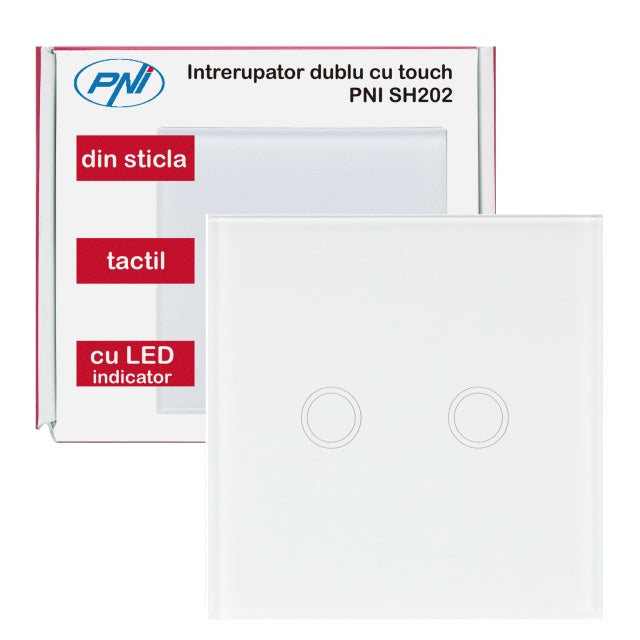 Intrerupator dublu cu touch PNI SH202 din sticla, alb cu LED indicator